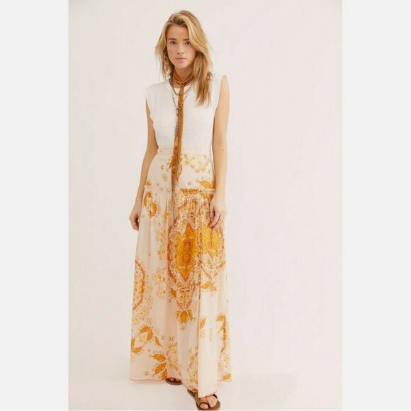 Free People Farrah Drop Waist Tiered Maxi Skirt Ivory Combo - Picture 4 of 9